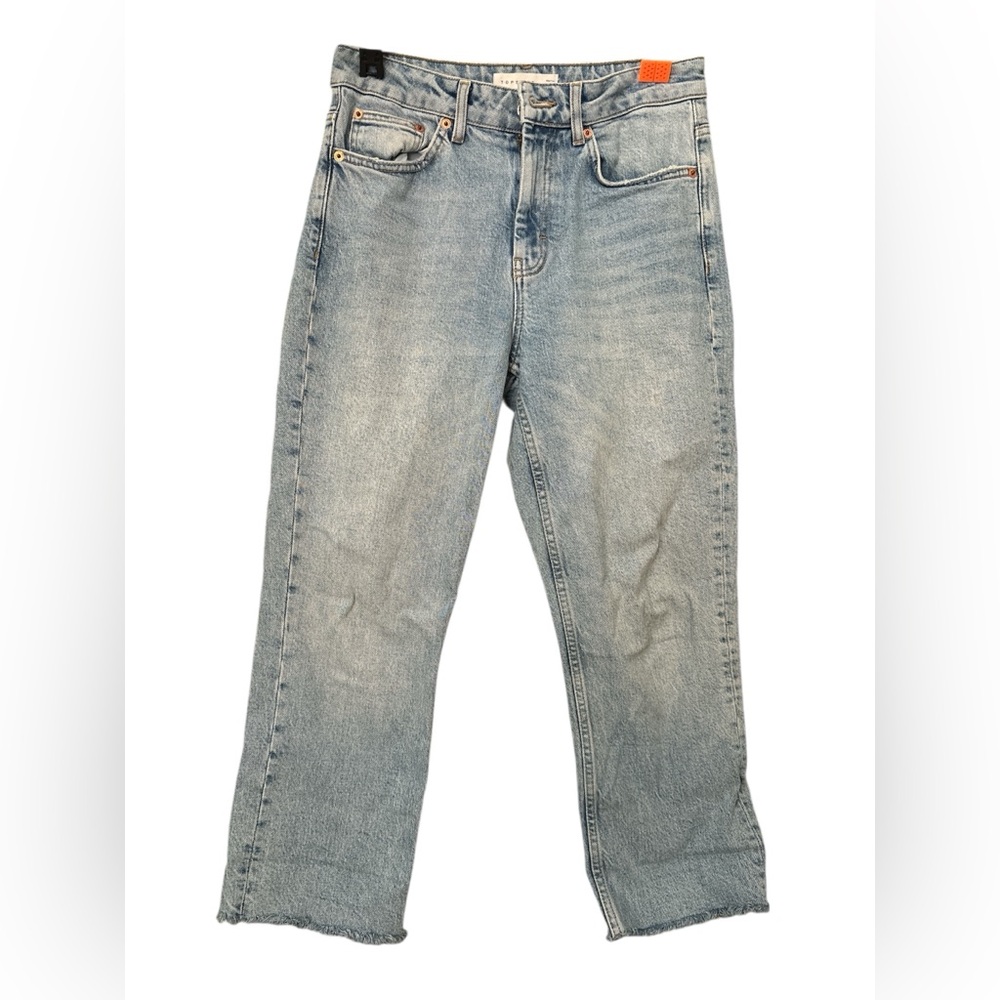 Topshop Light Blue straight leg frayed bottom crop Jeans